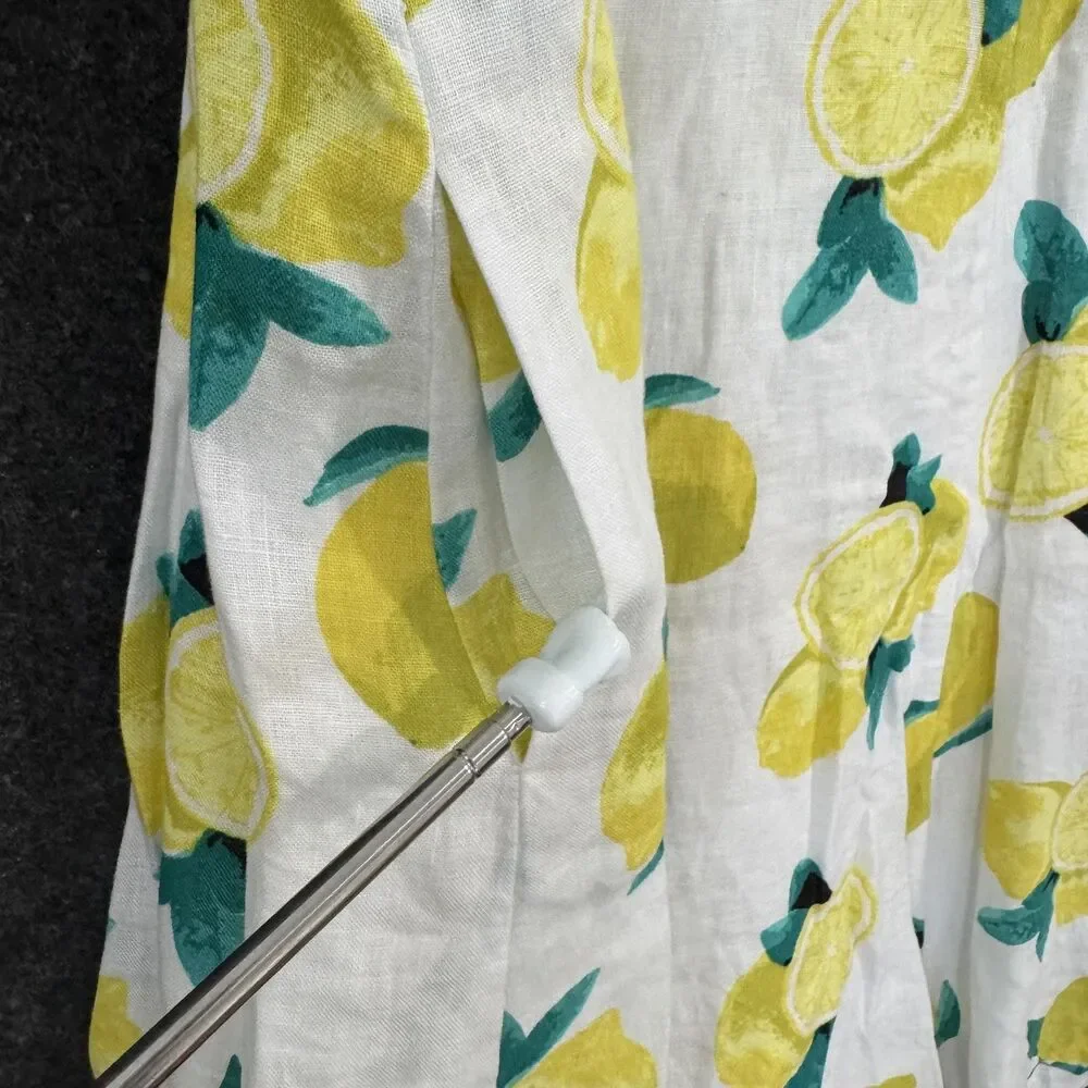 Cynthia Rowley Dress Women's 14 White Lemon Print Linen Fit Flare Pockets Fruit - Picture 6 of 8